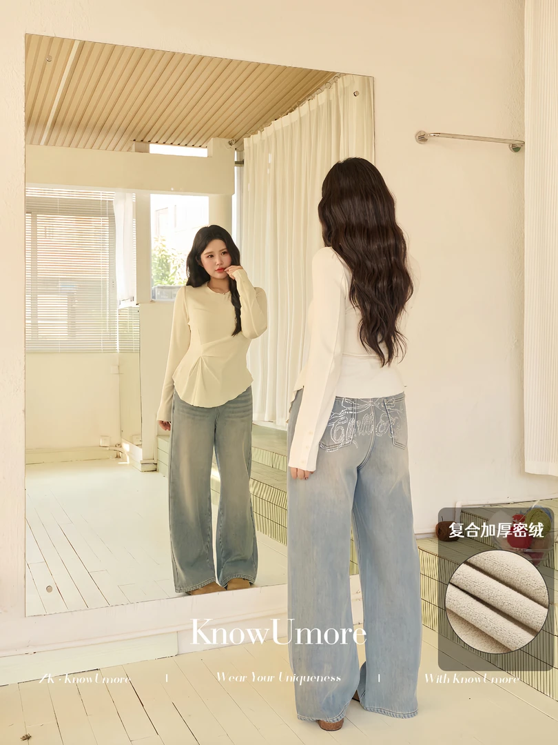 知葵微胖定制【钻石猫咪】抗冻冬kitty烫钻加绒加厚直筒牛仔裤N8166