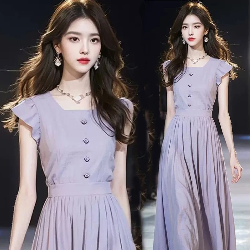 2025法式新款高级漂亮气质收腰紫色连衣裙子女夏季洋气减龄A字裙