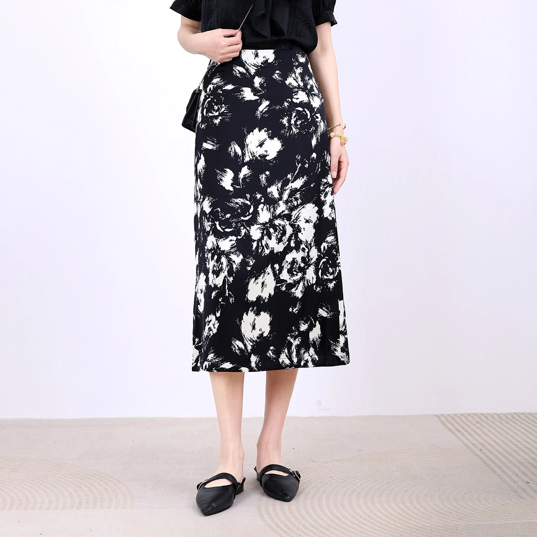 【夏日印花】缎面直筒半身裙夏季高腰晕染印花包臀裙显瘦a字裙1182