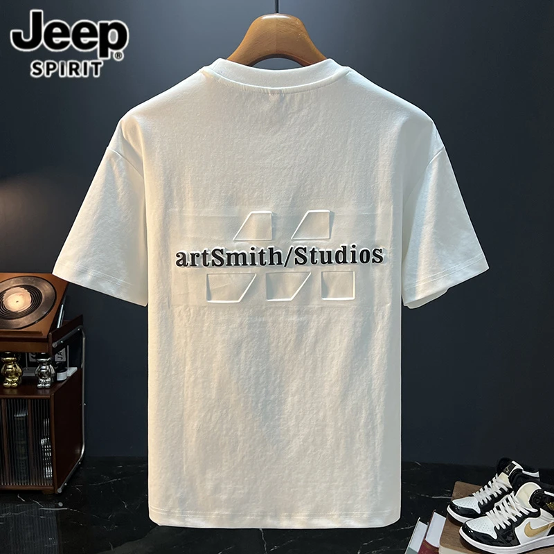 Jeep吉普白色大码男装印花T恤男夏季潮流休男士大码美式印花T恤
