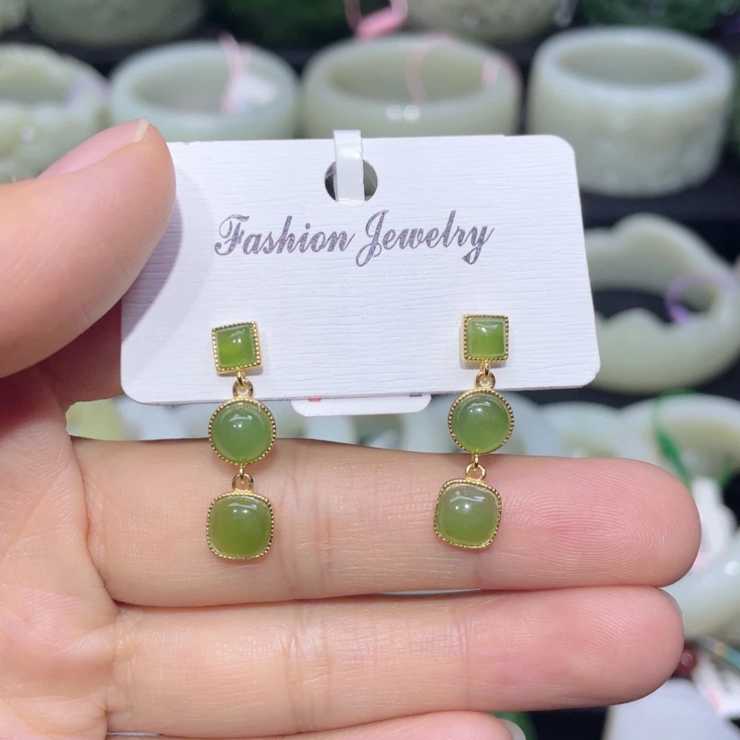 和田玉银S925镶嵌耳饰