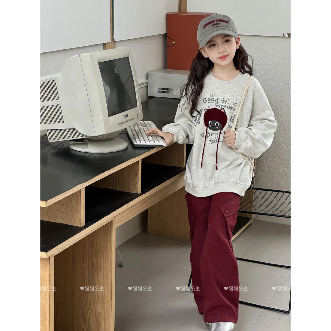 媛媛公主【红色工装裤】2025秋季女童休闲红色百搭长裤15321A332