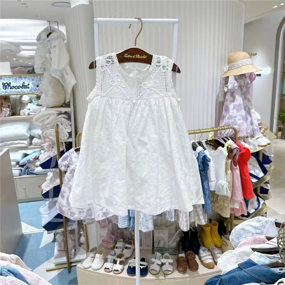 出口订单 巧家25夏白色镂空提花拼接无袖背心连衣裙+短裤