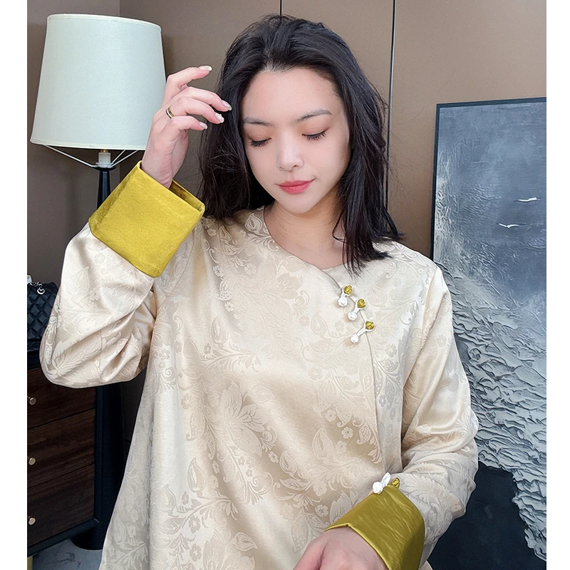 美美国风2025新款春季斜襟提花时尚盘扣新中式挽袖上衣小衫6780
