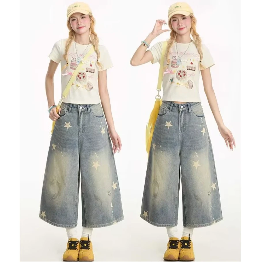 复古水洗宽松阔腿星星牛仔短裤女2025夏季新款高腰显瘦中裤五分裤