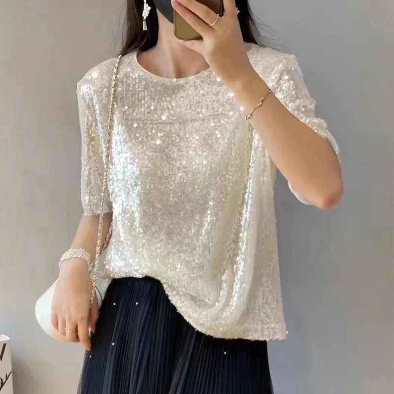 【特炸福利】新款时尚亮片百搭气质短袖钉珠扣设计师款圆领T恤上衣