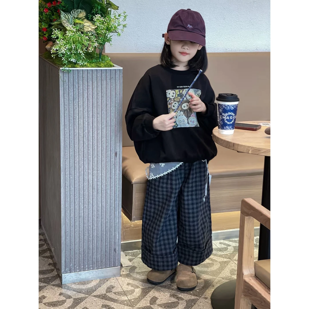 壹妈韩版童装女童秋季套装洋气儿童卡通黑色卫衣休闲格子阔腿裤子