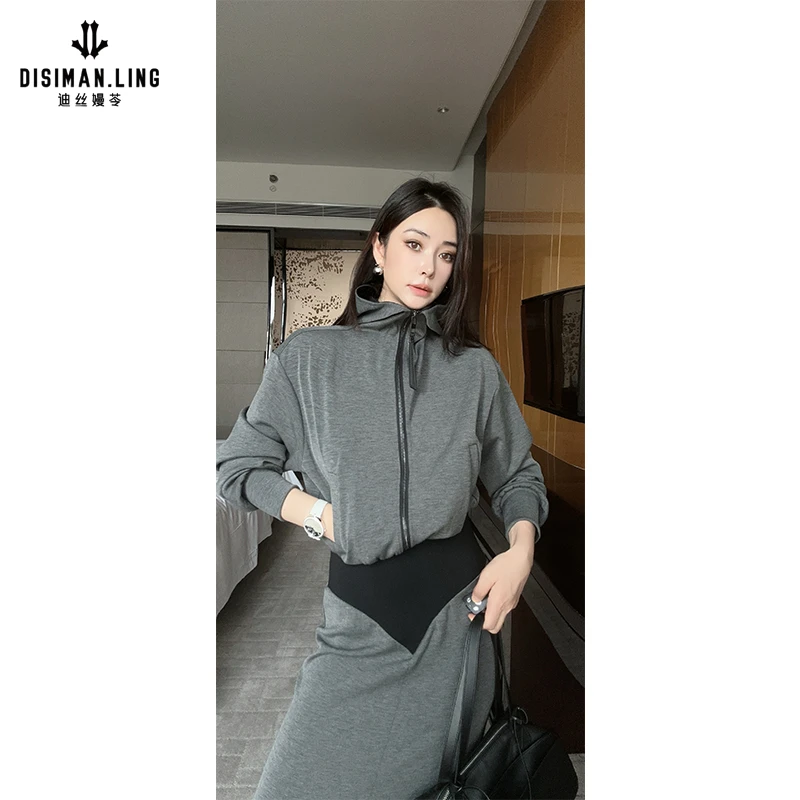 迪丝嫚苓灰色连衣裙显瘦针织时尚长袖休闲百搭秋季气质宽松简约风