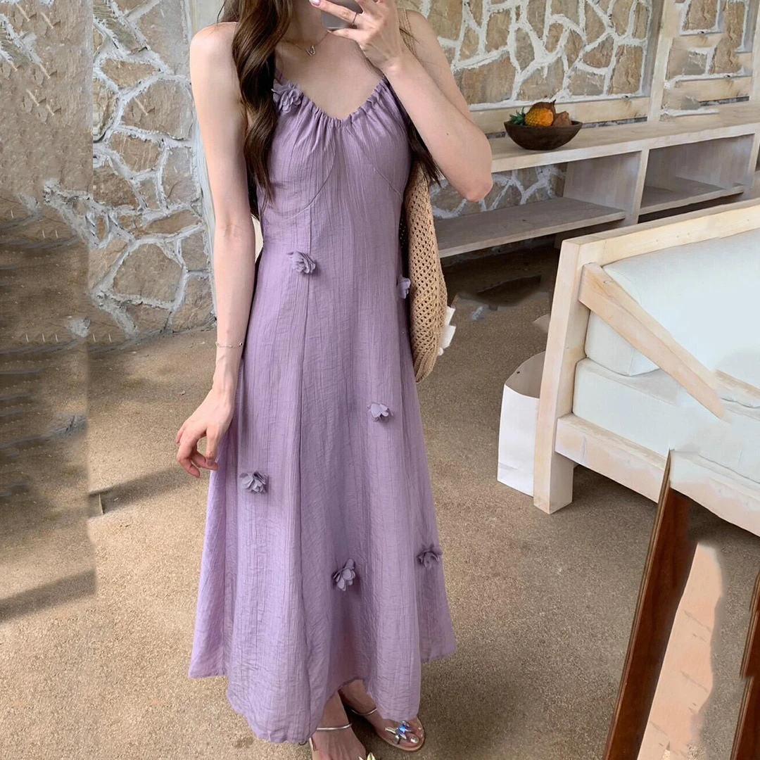 夏季新款穿搭防晒开衫花朵吊带裙套装优雅气质收腰显瘦紫色连衣裙