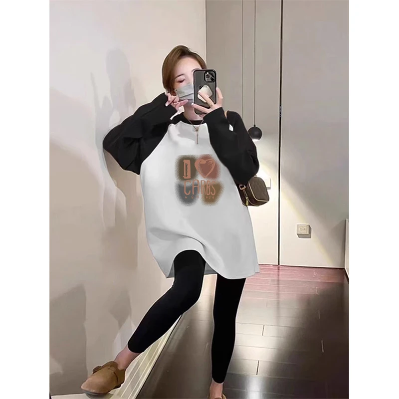冬季爆款撞色加绒加厚休闲圆领长袖t恤女中长款遮屁股超显瘦上衣