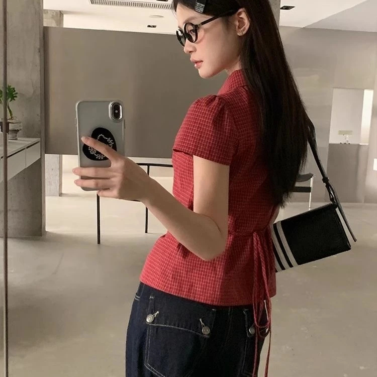 红色格子短袖衬衫女夏季新款正肩收腰复古辣妹小个子短款上衣潮