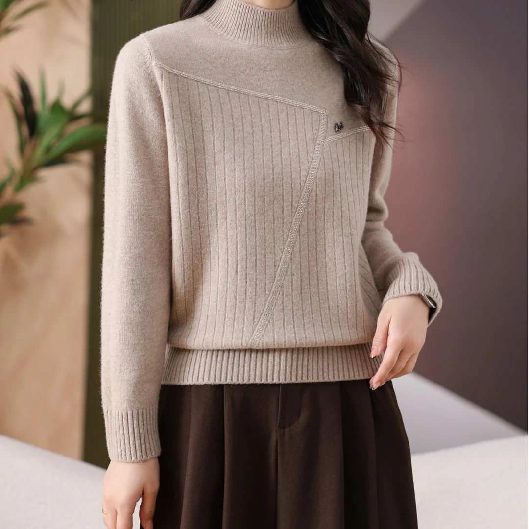 黛妍L8588冬季新款加厚100%羊毛竖条纹不规则拼接半高领针织上衣