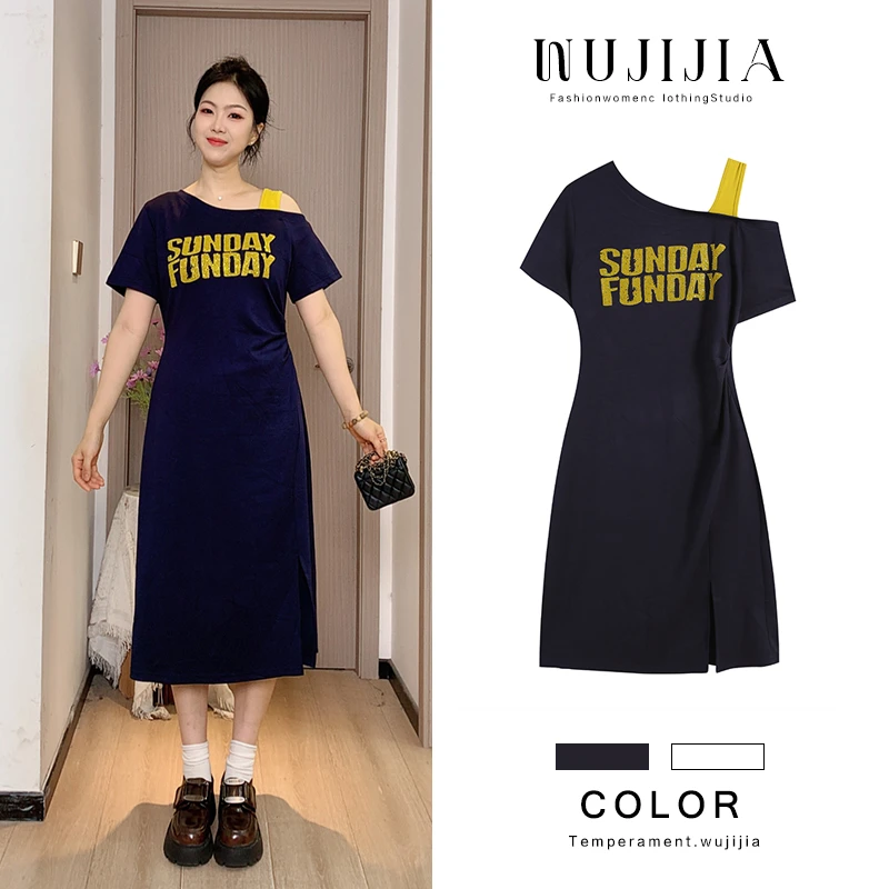 五季家大码女装藏青色连衣裙夏季气质显瘦字母时尚减龄ZL107760
