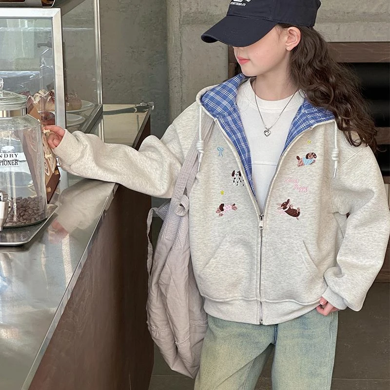 女童春秋款韩版休闲连帽卫衣外套中大童儿童时髦洋气女孩春装上衣