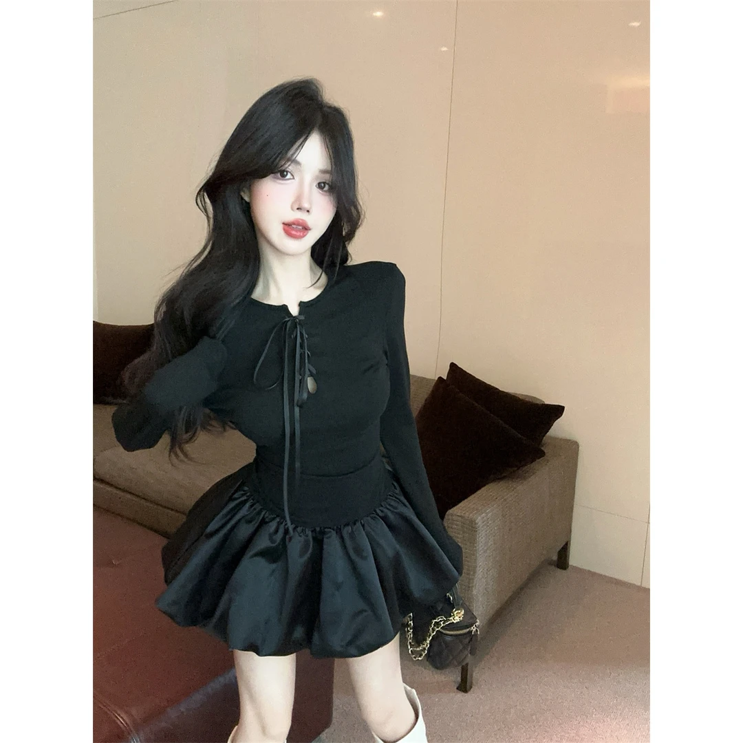 富家千金穿搭高级感黑色蓬蓬裙女巨好看赫本风镂空绑带收腰连衣裙