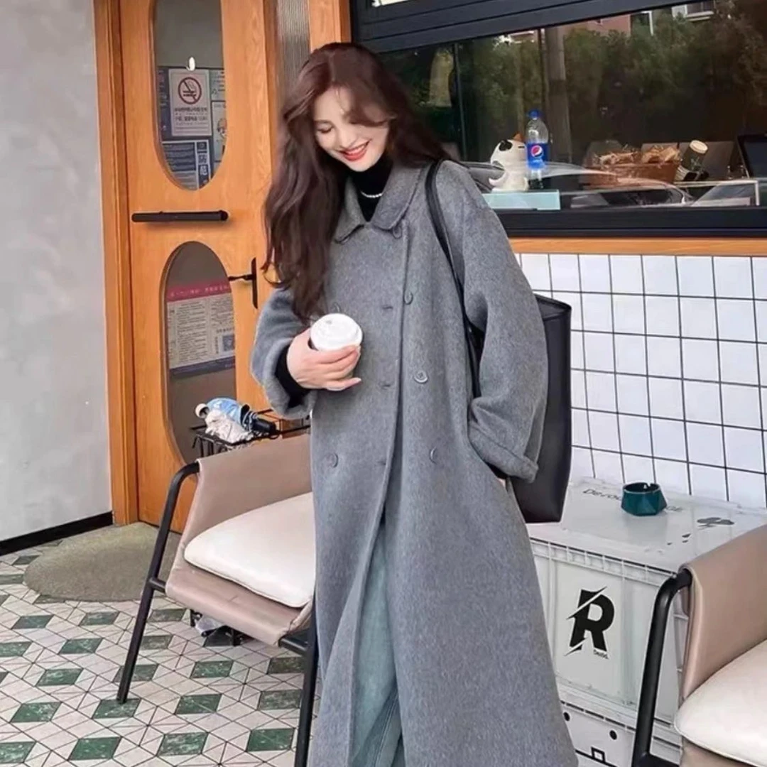 时尚灰色双面呢大衣女韩系高级感2025年秋冬中长款宽松毛呢外套