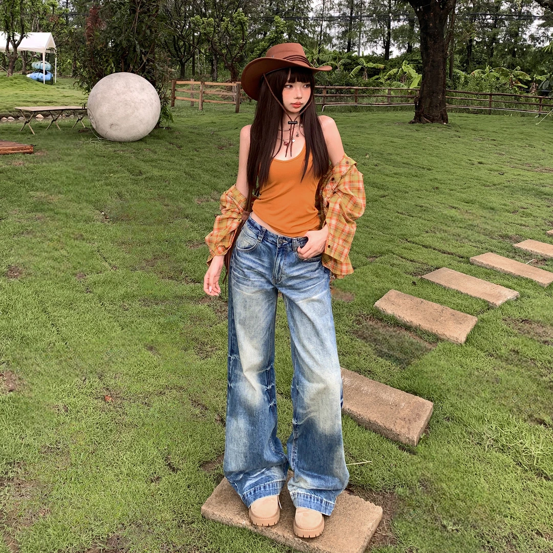 美式新款显瘦阔腿复古百搭水洗宽松阔腿裤渐变斑斓猫纹直筒牛仔裤