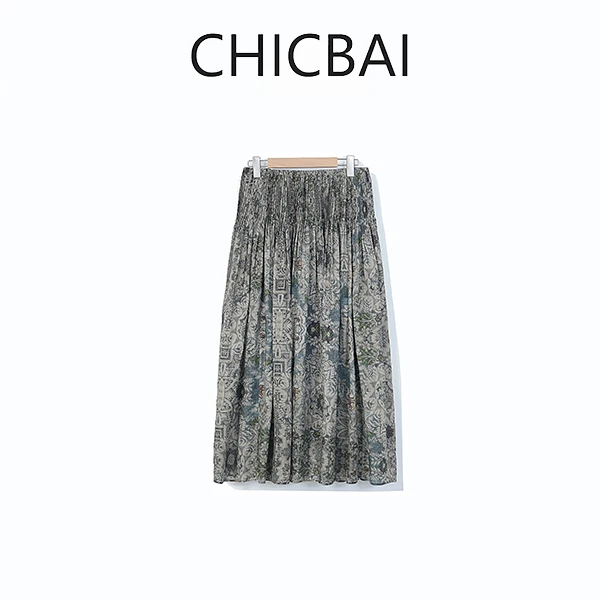 CHICBAI 半岛度假 重工百褶复古气质印花半身长裙