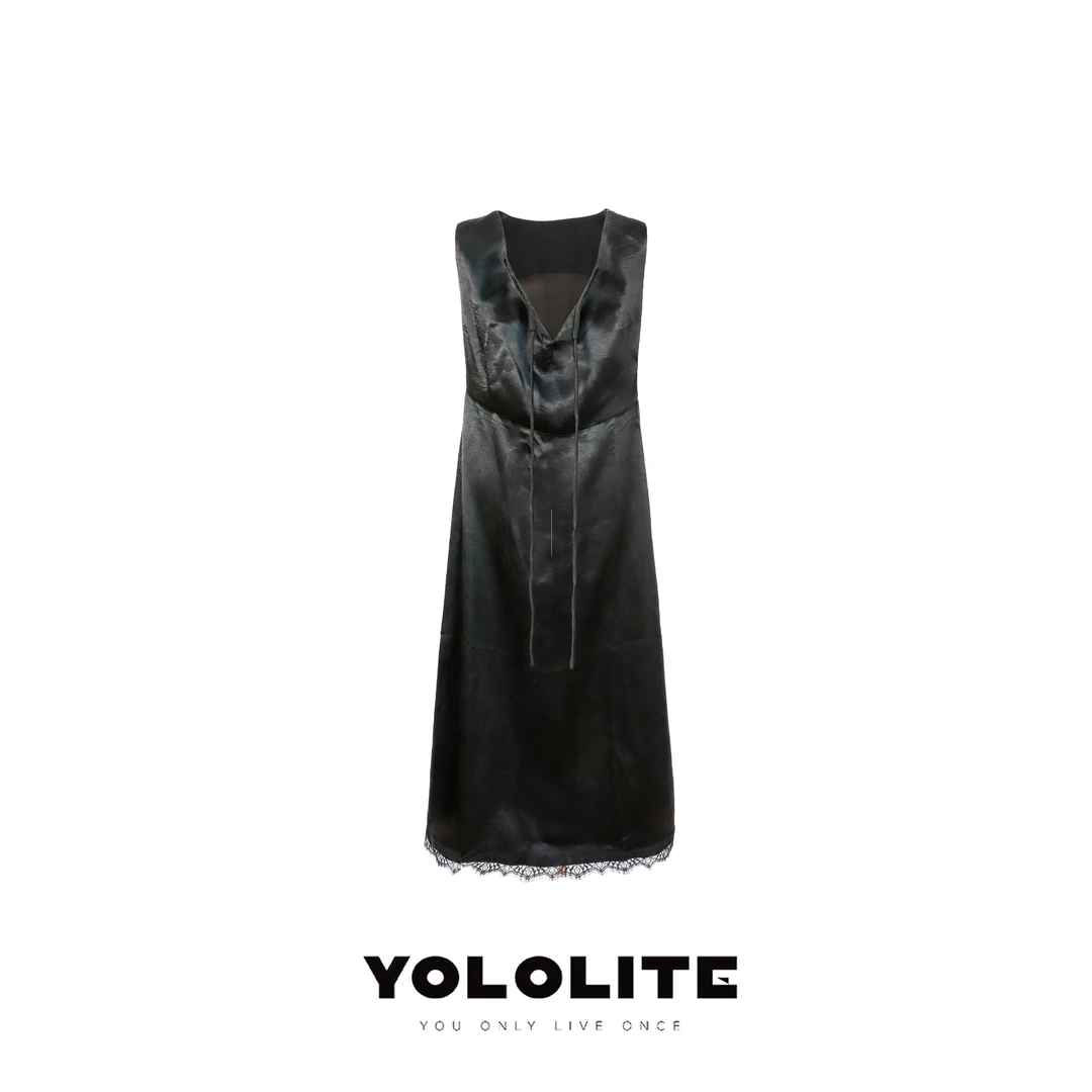 YOLOLITE【远山黛】2787夏季新款100醋酸抽绳U领蕾丝下摆连衣裙