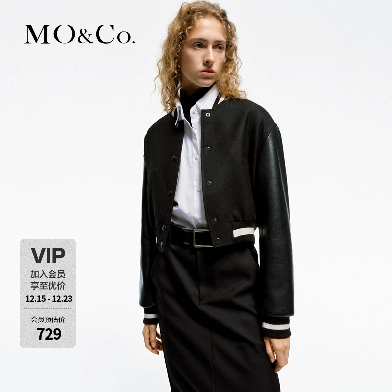 MOCO春素皮毛呢拼接短款黑色棒球服夹克外套MBD1JKT021
