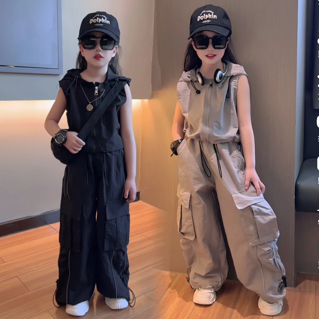 女童夏款连帽速干休闲套装中大童洋气无袖宽松运动工装裤两件套潮