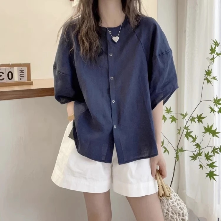 休闲风圆领单排扣纯色衬衫女夏季大码胖妹妹时尚宽松百搭显瘦上衣