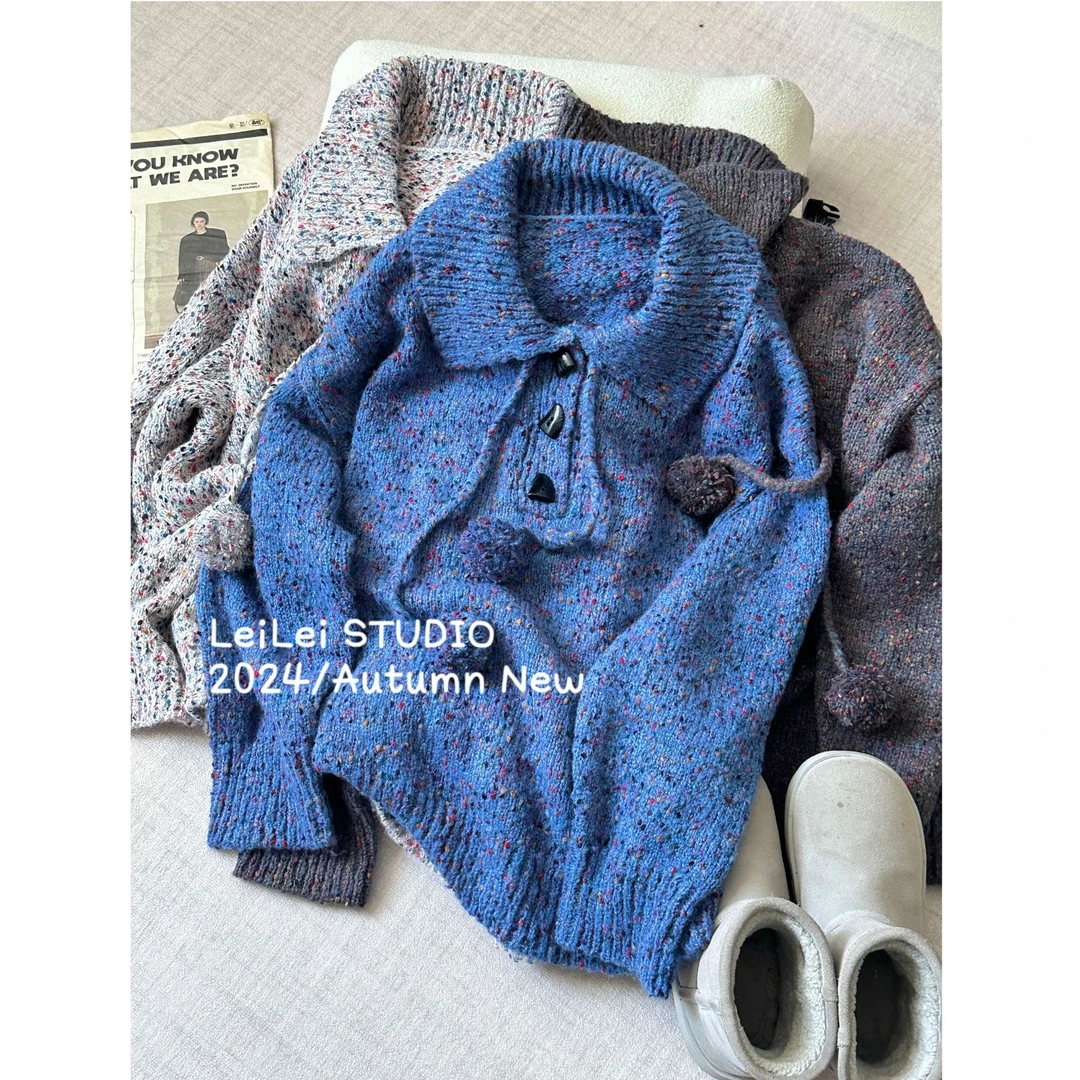 晶咕【灰色雪花！】韩系大翻领系带毛球宽松杂花后针织套头毛衣