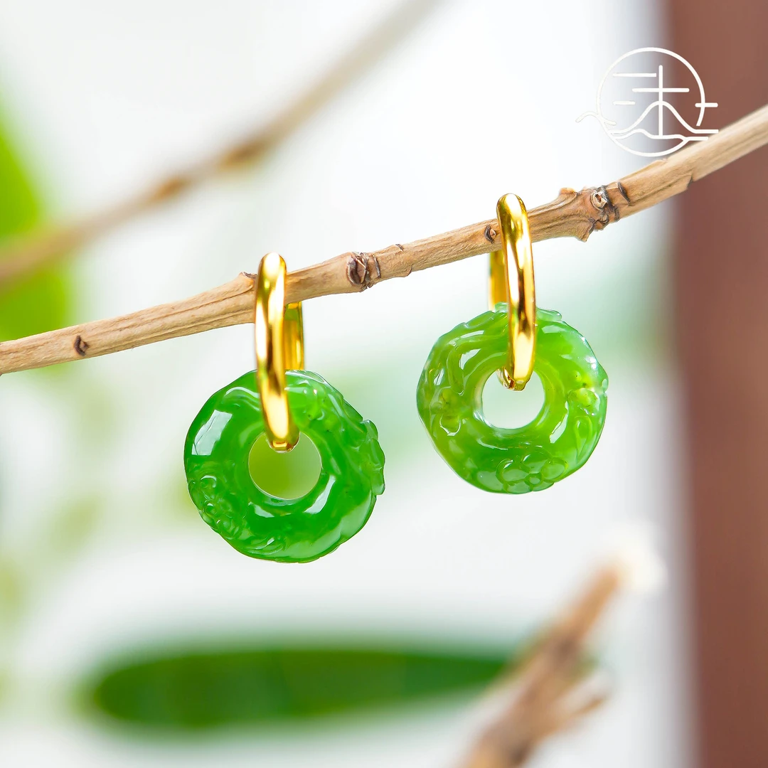 木润【平安扣】天然和田玉碧玉平安扣耳坠  S925银