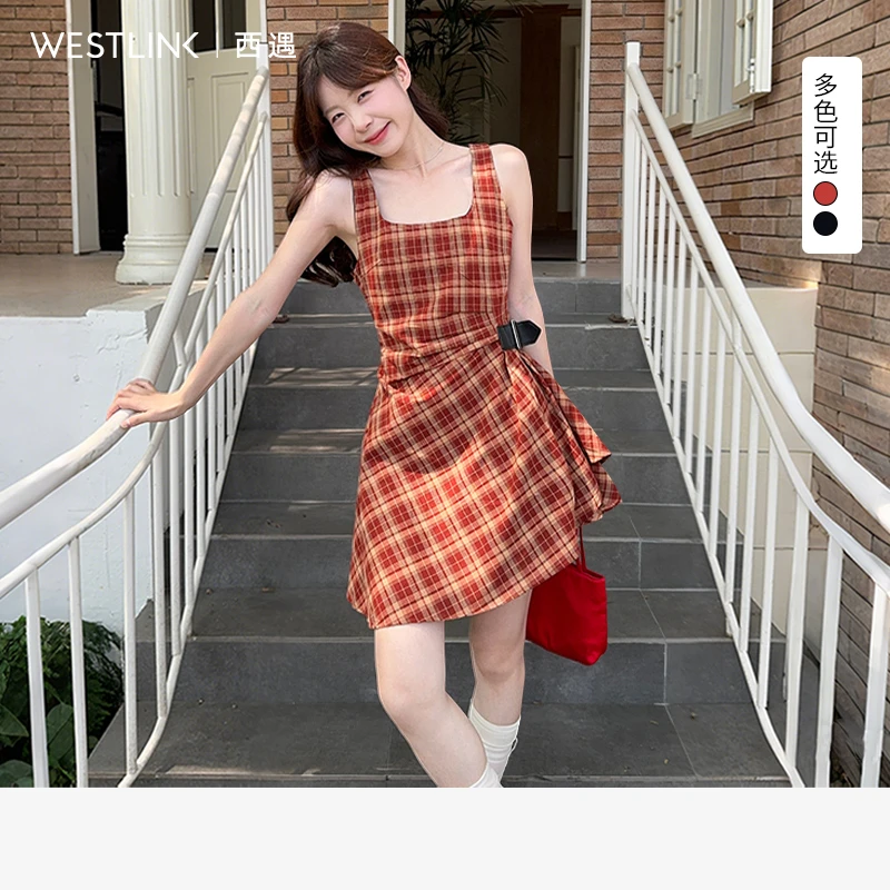 0579西遇格子吊带连衣裙女2025年夏季新款掐腰a字裙子