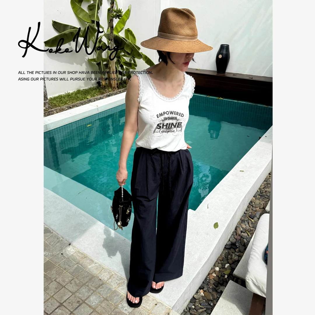 KOKO WANG亚麻混纺圆领字母印花时尚蕾丝边背心541674L12N41