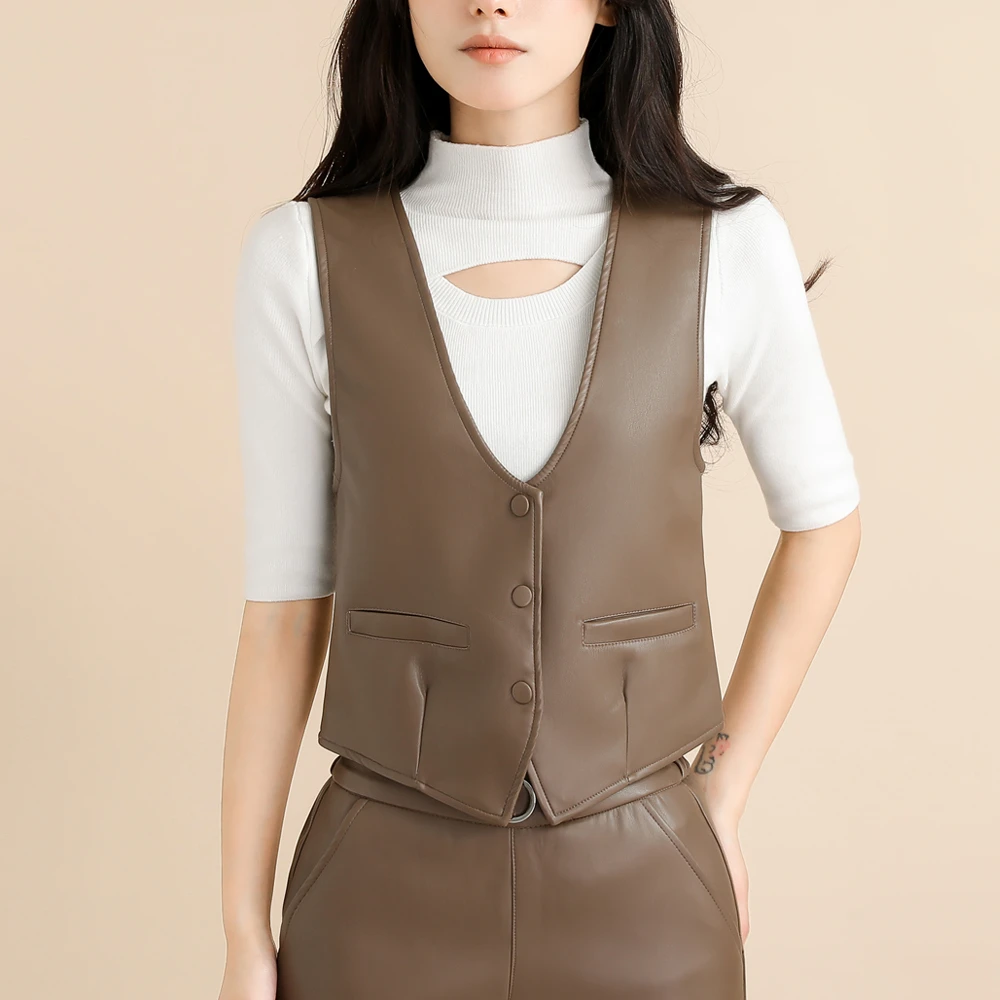 海宁专柜正品马甲女 春季外穿羊纹皮百搭V领马甲简约通勤纯色皮衣