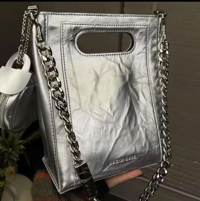 高级感简约链条托特包女包2025新款时尚褶皱手提包通勤单肩斜挎包