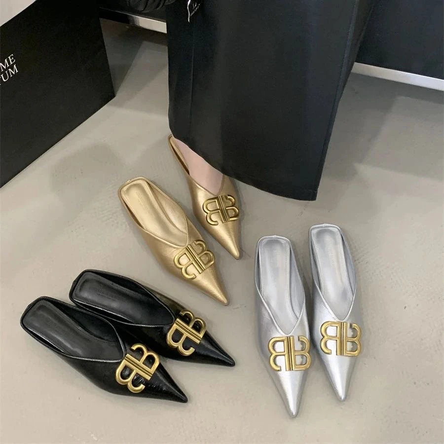 （3种跟高）2025金属扣夏季新款装饰尖头平底鞋软底浅口女包头半拖