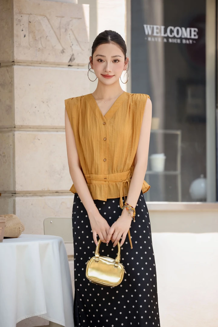 2025韩版时尚百搭V领无袖衬衫洋气收腰系带宽松显瘦开衫上衣气质