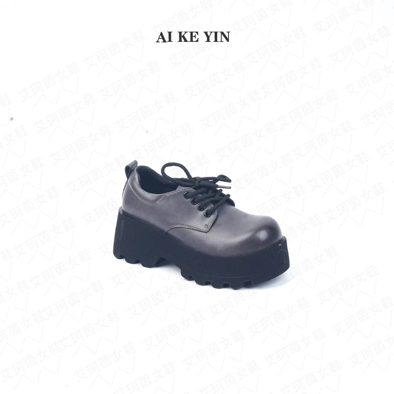 【艾珂茵】春夏季新款圆头厚底系带擦色气质百搭单鞋复古休闲时尚