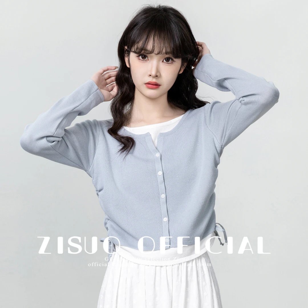 假两件拼接长袖针织衫女2025春秋新款设计感抽绳显瘦别致短款上衣