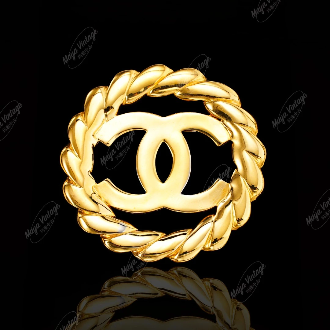 95新 Chanel/香奈儿 中古素金双C圆环胸针/M312017