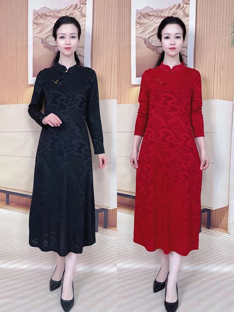 妈妈秋装长袖国风改良版旗袍裙春秋款新中式云锦丝提花连衣裙2589