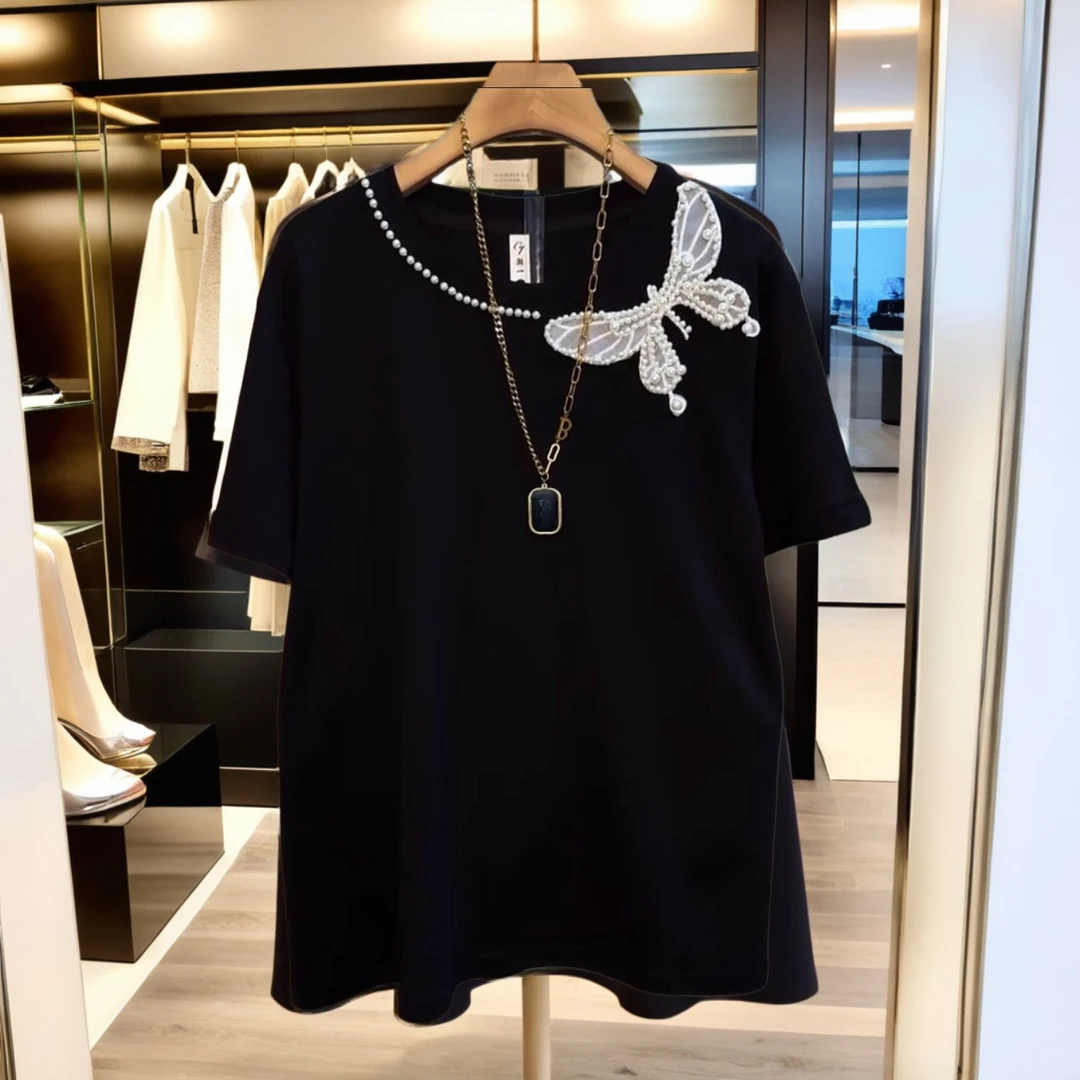 胖妹妹大圆领钉珠蝴蝶短袖t恤女夏季新款洋气宽松新中式重工设计