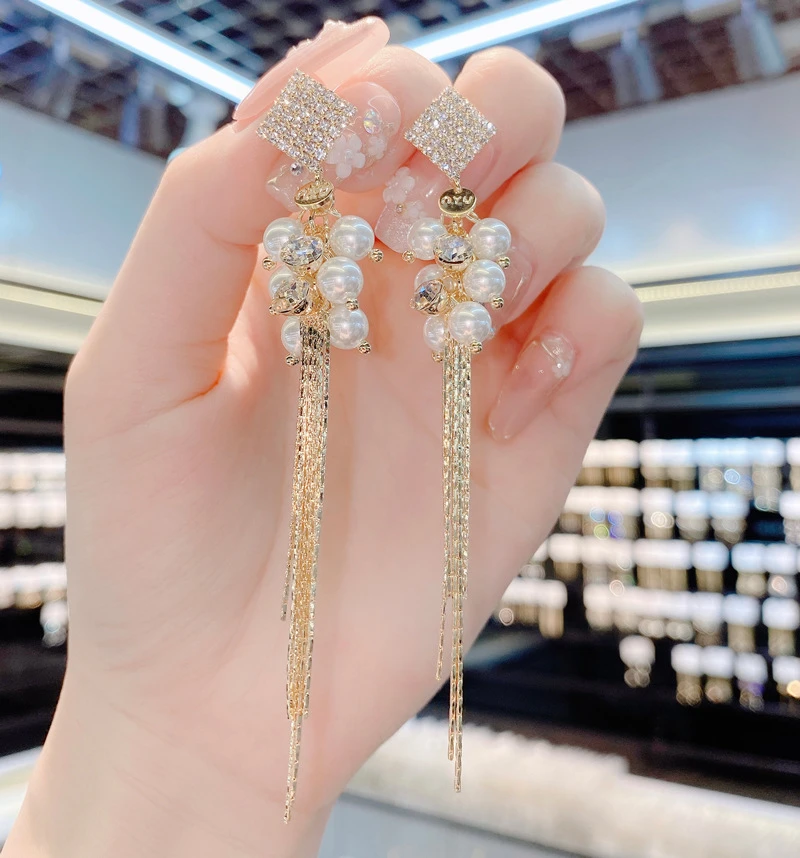 黄铜锆石耳饰 S925银针锆石菱形珍珠流苏耳坠时尚显瘦冷淡风耳环