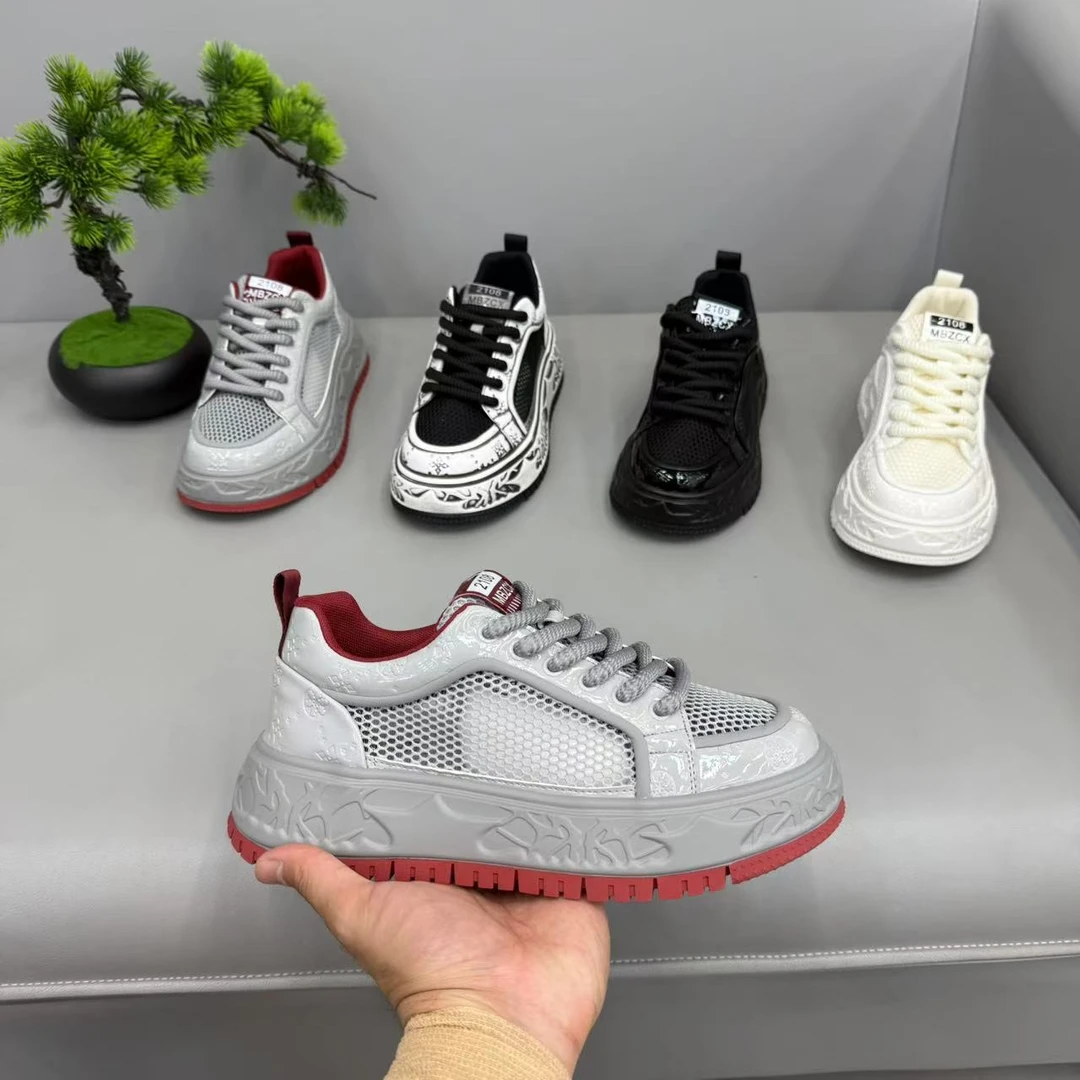 男鞋单层网面薄款时尚压花厚底休闲鞋低帮百搭款皮拼网 mbz11-302