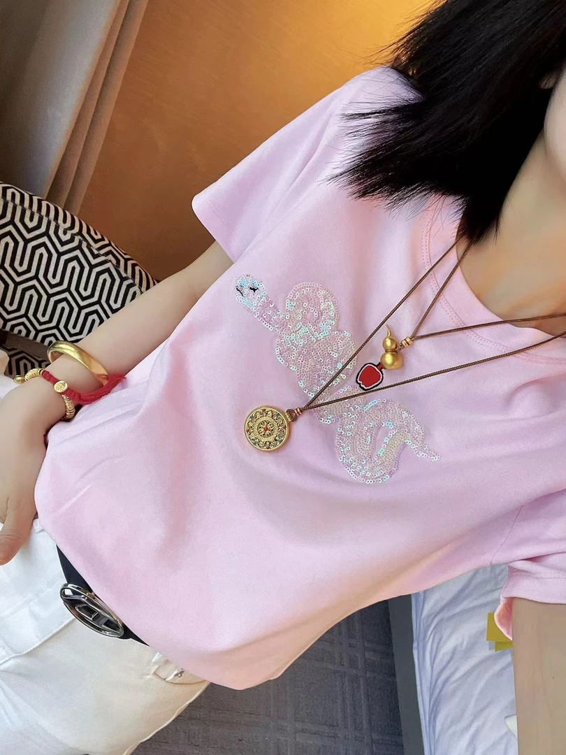 哝NONG-2025年春夏新款欧若风小龙细闪亮片短袖上衣T恤0892341