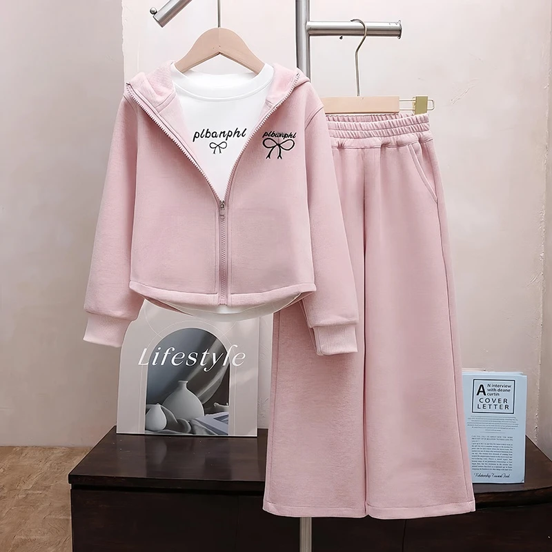 女童三件套2025新款中大童洋气运动两件套春装女孩春秋季休闲套装