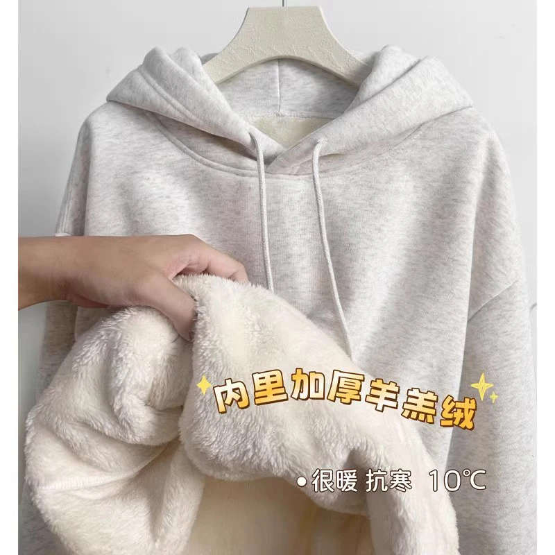 秋冬灰色加绒加厚连帽羊羔绒卫衣女2025新款显瘦秋冬宽松超厚穿搭