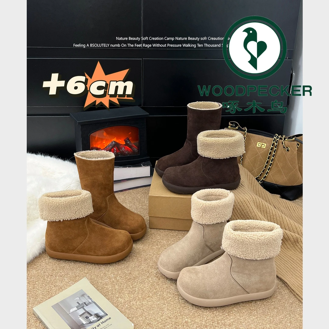 啄木鸟法式内增高6 CM保暖雪地靴女2025冬季新款加绒厚底毛毛棉鞋