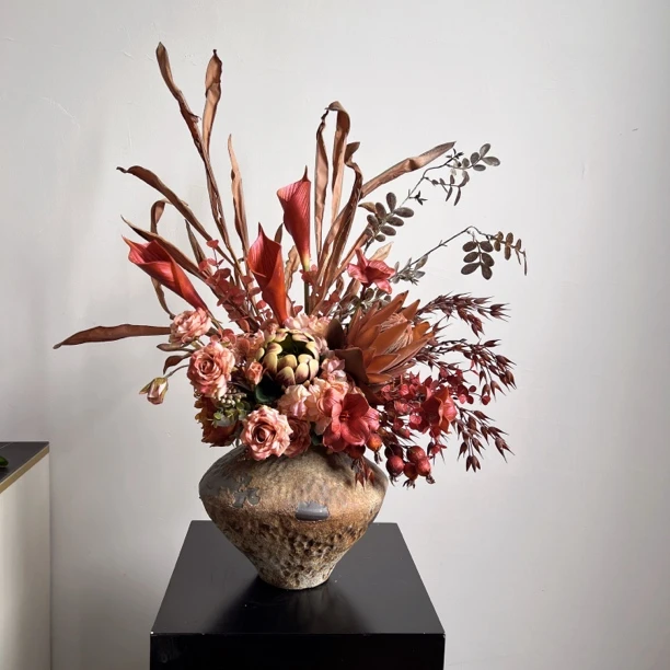 花妍高档仿真花小众复古干花红色花束小众客厅茶几电视柜乔迁花艺