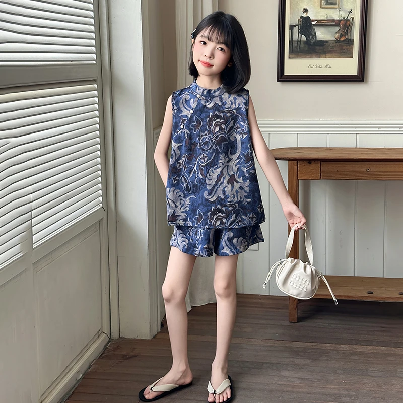 女童套装夏季2025款儿童中国风碎花无袖上衣中大童夏款短裤两件套