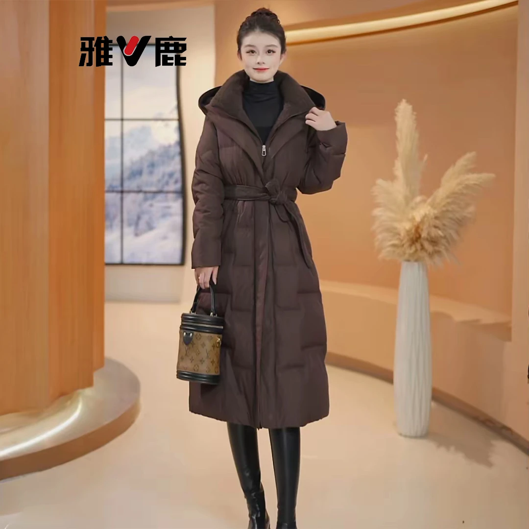 雅鹿羽绒服恒温白鸭绒保暖连帽简约时尚百搭修身加厚长款