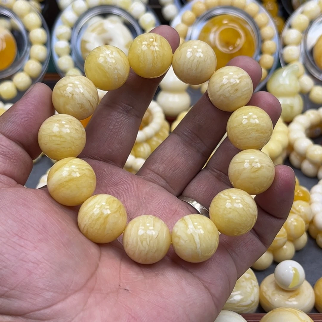 琥珀未镶嵌手链同料虎皮圆珠手串18mm
