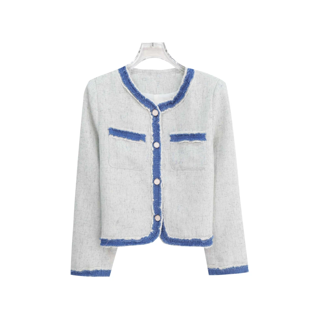 S轻奢名媛圆领小香风牛仔拼接单排扣外套S4190